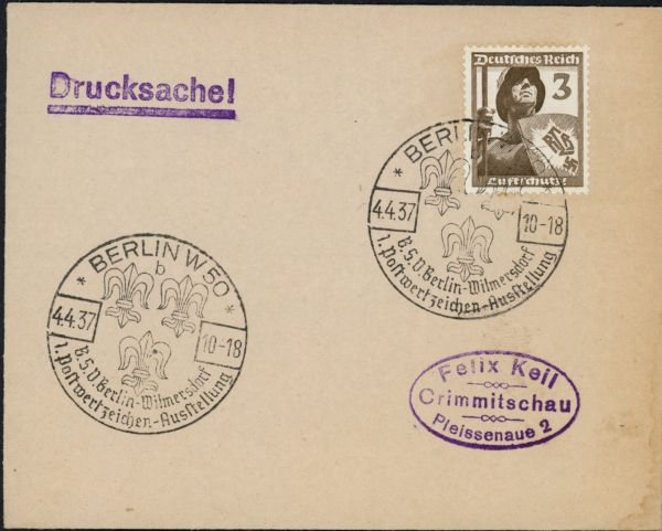 Berlin W 50 , 1. Postwertzeichen- Ausstellung Wilmersdorf 1937