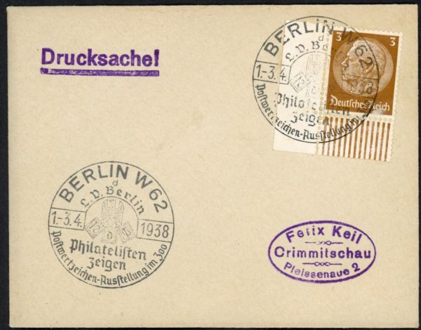 Berlin W 62 Postwertzeichen-Ausstellung 1938