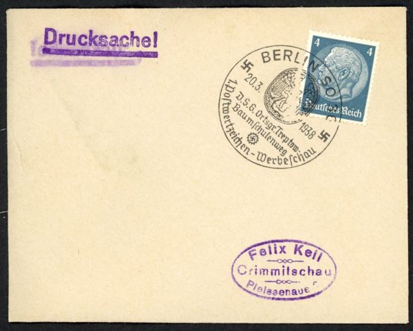 Berlin SO 36. 1. Postwertzeichen- Werbeschau Treptow 1938